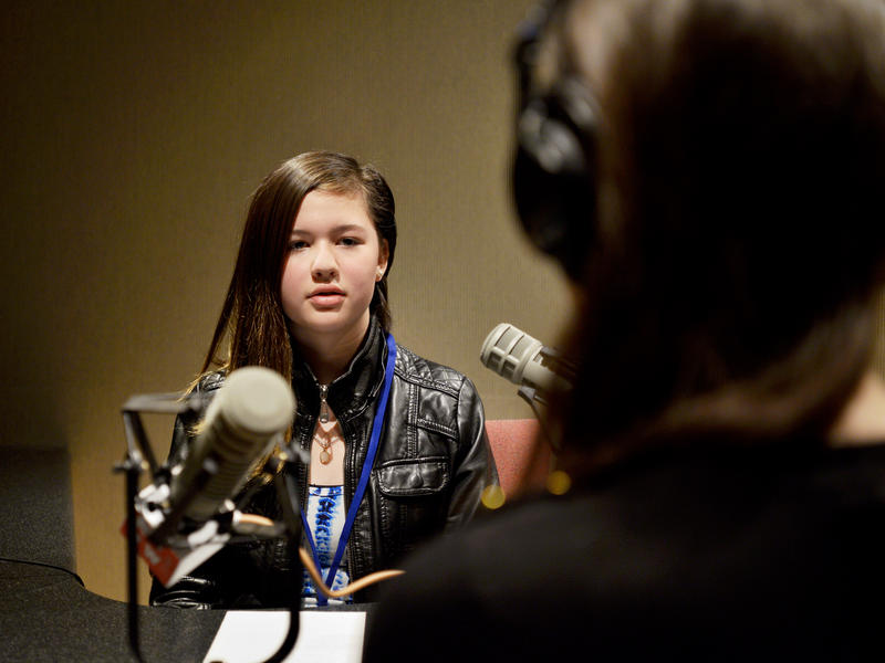 Fifth grader Nina Perry at KUOW Public Radio in Seattle
