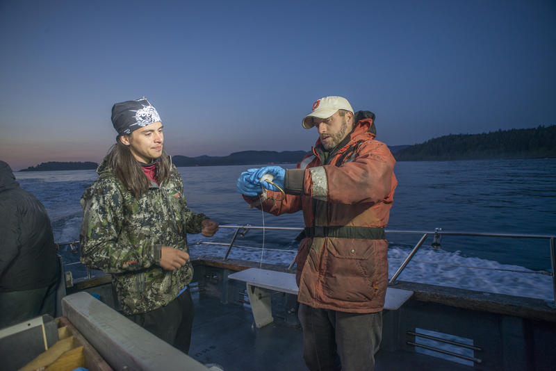 Joshua Monette (L) and Jonathan Scordino (R) bait a cibud hook at dawn off the Olympic Peninsula in 2015.