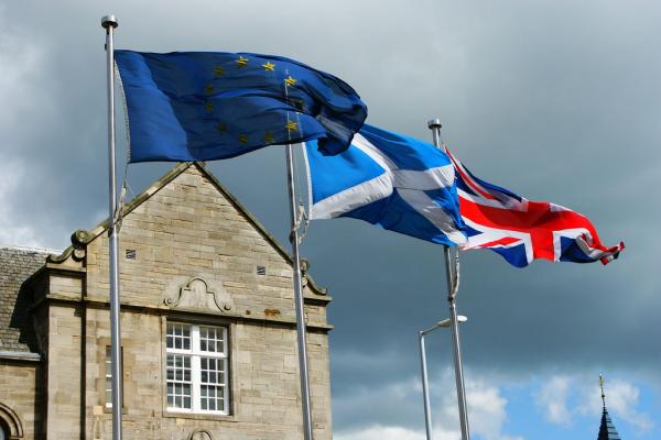 The European Union, Scottish and Union Jack flags fly in this 2009 photo. On September 18, Scottish voters will decide their fate: whether to remain part of the United Kingdom, or to move toward independence.