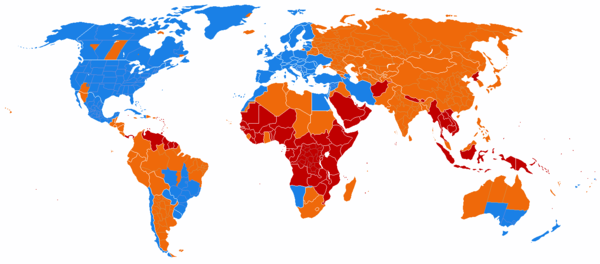 On this map, the blue areas observe DST, the red areas never have and the orange areas have in the past, but currently do not.