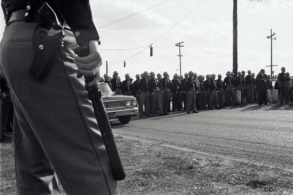 A line of Alabama state police in Selma awaiting marchers.