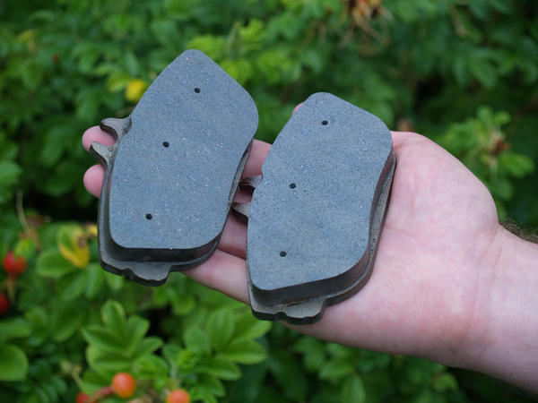 This photo shows a brake pad made with copper and one that's mostly copper-free. You can make out the specks of copper in the left pad. The state of Washington is phasing-out copper pads to protect salmon.