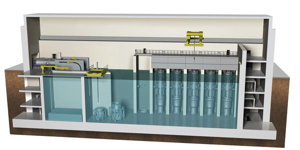 A cross-sectional view of NuScale Power's reactor building design.