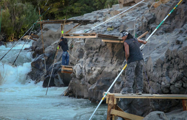 <p>Tribal fishermen use dip nets to fish from platforms at Lyle Falls. Platforms are maintained and improved by the fishermen throughout the year.</p>