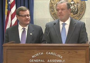 House Speaker Tim Moore (left) and Senate Pro Tem Phil Berger (right) announce an HB 2 repeal deal has been reached.