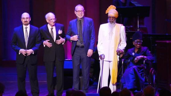 The 2017 NEA Jazz Masters on April 3, 2017 at the John F. Kennedy Center for the Performing Arts. (left to right): Representing Ira Gitler, Fitz Gitler; Dick Hyman; Dave Holland; Dr. Lonnie Smith; and Dee Dee Bridgewater