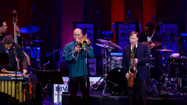 James Genus (bass), Steve Nelson (vibraphone), Robin Eubanks (trombone), Chris Potter (saxophone), and Nate Smith (drums) perform in honor of Dave Holland at the 2017 NEA Jazz Masters Tribute Concert on April 3, 2017 at the John F. Kennedy Center for the Performing Arts.