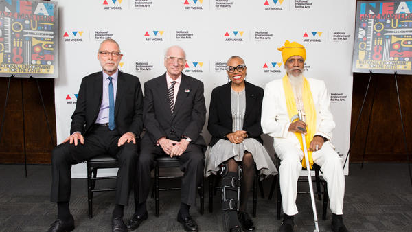 2017 NEA Jazz Masters Dave Holland, Dick Hyman, Dee Dee Bridgewater, and Dr. Lonnie Smith (not pictured: Ira Gitler) at the 2017 NEA Jazz Masters Awards Dinner, sponsored by BMI, on April 2, 2017.