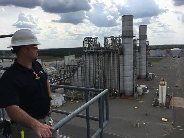 Plant manager Tom Hanes looks out over the Duke Energy natural gas-fired plant in Hamlet.