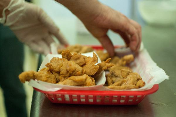Skinned, sliced, battered, deep-fried animal testicles served as Rocky Mountain Oysters at Bruce's Bar in Severance, Colorado.