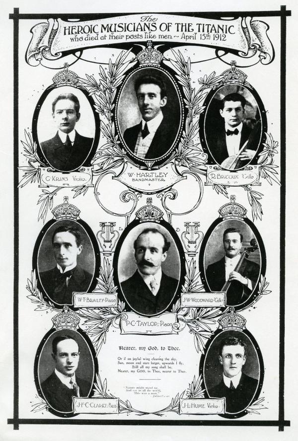 Portraits of Wallace Hartley (top center) and the other musicians aboard the Titanic, published after the ship sank in 1912.