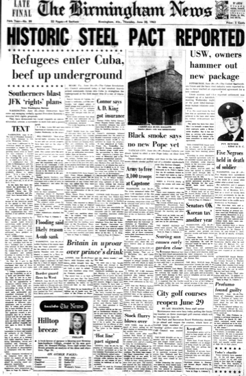 The front page of the <em>Birmingham News</em> on June 20, 1963.