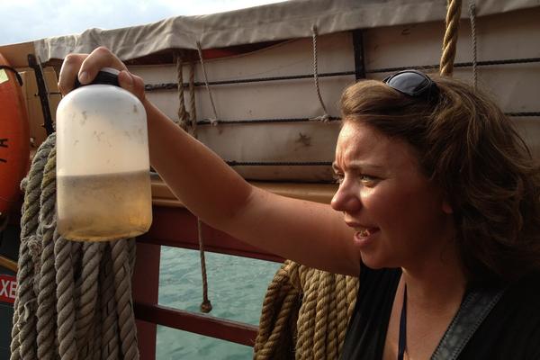 Researcher Sherri Mason looks for microbeads in a water sample from Lake Michigan.