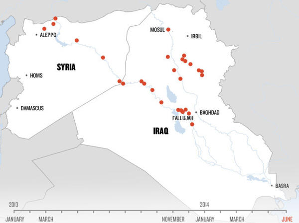 An animated map shows how ISIS has moved through Syria and Iraq