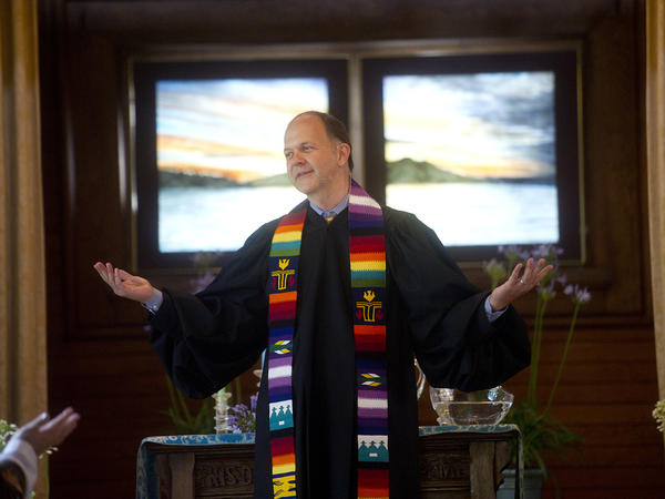 The Rev. Paul Mowry leads a Sunday service at Sausalito Presbyterian Church in Sausalito, Calif. Mowry was one of the church's first openly gay pastors.