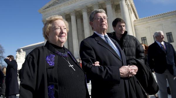 Eleanor McCullen and her attorney, Philip Moran, stand outside the Supreme Court in January after arguments in the case of <em>McCullen v. Coakley</em>.