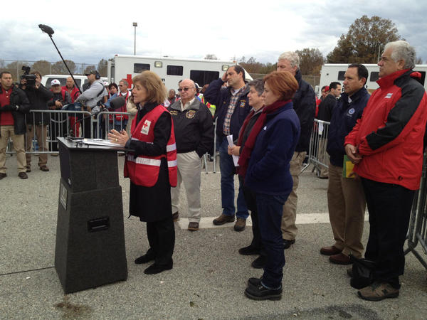 American Red Cross CEO Gail McGovern speaks at a post-Sandy press conference on Staten Island, N.Y. But two pastors, who organized much of that area's relief efforts, say they did so without the aid of the Red Cross.