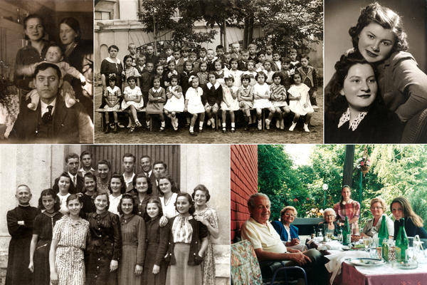 <strong>Matilda Cerge, a survivor of the Holocaust (clockwise):</strong> Matilda as a baby with her parents and aunt in Slovenia; Matilda's class photo in the 1930s in Yugoslavia; Matilda and her sister, Breda Simonovic, after the war; after the war with others and Father Andrej Tumpej, the priest who saved them during the Holocaust; Matilda and her family in Belgrade, Serbia in 1997.