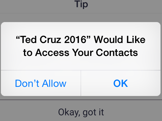 With permission, the Cruz campaign's app searches for potential supporters within users' phones