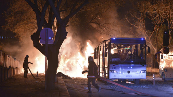 Firefighters work at the scene of a deadly explosion Wednesday in Ankara, Turkey.