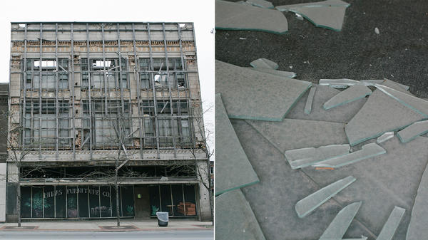Left: The decrepit Mina's Furniture Co. on Broadway Street in downtown Gary. Right: Glass shards in a broken storefront window on Broadway in downtown Gary, Indiana.