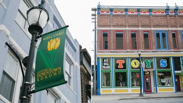 Left: A sign in downtown Kokomo and Right: Kokomo Toys & Collectibles on Sycamore Street in Kokomo.