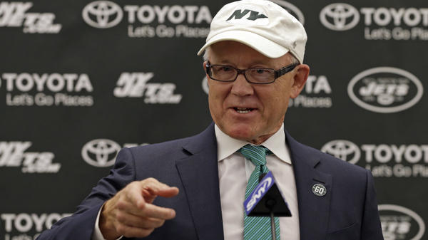 New York Jets owner Woody Johnson speaks during a press conference in April at the team's practice facility in New Jersey.