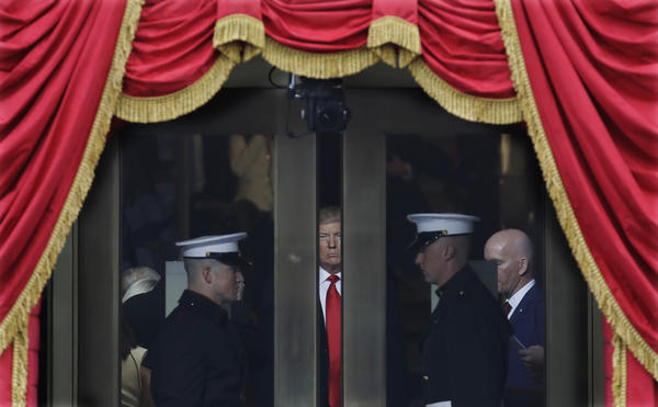 President-elect Donald Trump waits to step out onto the portico at the West Front of the U.S. Capitol for his inauguration.