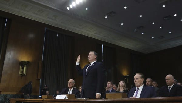 Rep. Michael Pompeo, R-Kan., is sworn in on Capitol Hill Jan. 12, before testifying at his confirmation hearing as CIA director before the Senate Intelligence Committee. Pompeo was confirmed by the full Senate Monday night.