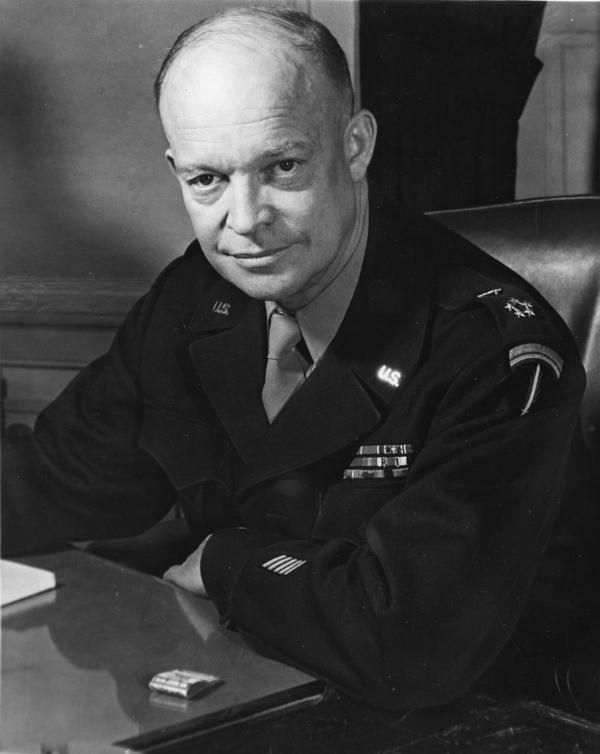 Gen. Dwight D. Eisenhower, shown here sitting at his desk in Versailles on Feb. 1, 1945, had to give the couple permission to marry "because they were in a war," says Hargrave.
