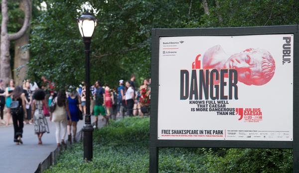 People arrive for the opening night of Shakespeare in the Park's production of Julius Caesar at Central Park's Delacorte Theater on June 12 in New York.