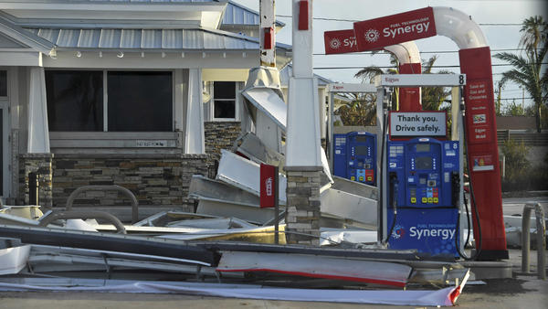 Debris lies on the ground of a Florida Keys gas station Monday in the aftermath of Hurricane Irma.