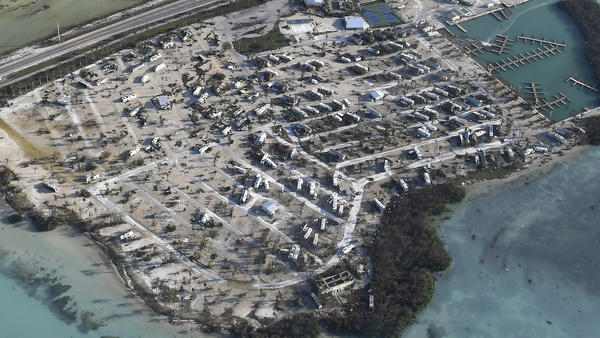 Trailer homes in the Florida Keys overturned during Hurricane Irma are seen Monday.