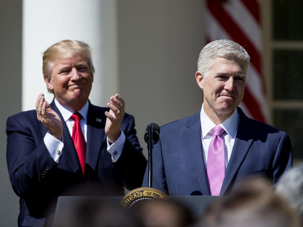 President Trump introduces Supreme Court Justice Neil Gorsuch in the Rose Garden after Gorsuch's swearing-in on April 10.