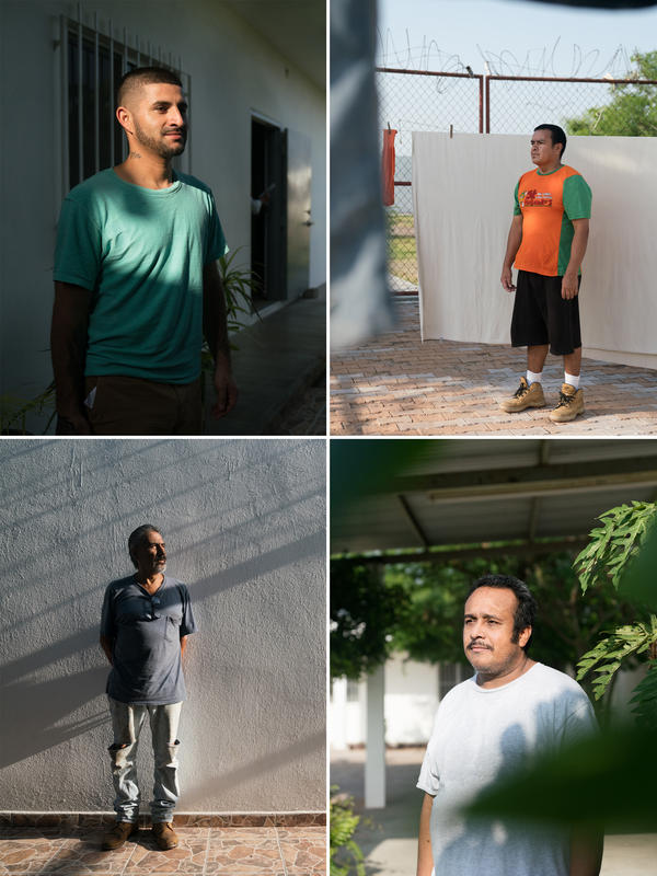 Clockwise from top: Luis Francisco, 25; Jesus Lopez, 44; Andres Gonzales, 42; Joel Ruvalcaba, 58. La Casa del Migrante is open to whoever may need it, regardless of nationality. Those passing through can stay for a total of three days. They are given hot meals, new clothes and shoes and access to a phone.