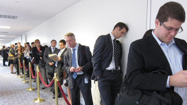 <p>The line for seating in the hearing room of the supercommittee's meeting on Wednesday. An NPR review found that 619 separate interest groups have reported lobbying the group. </p>