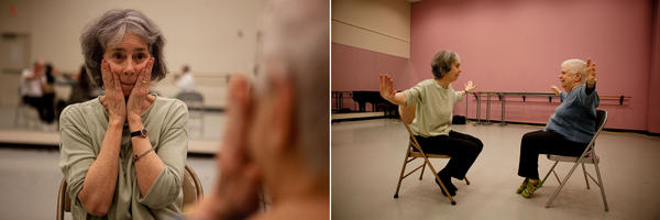 Classmates Anne Davis (left) and Phyllis Richman get in sync with each other during a mirror game in their dance class in Silver Spring, Md.
