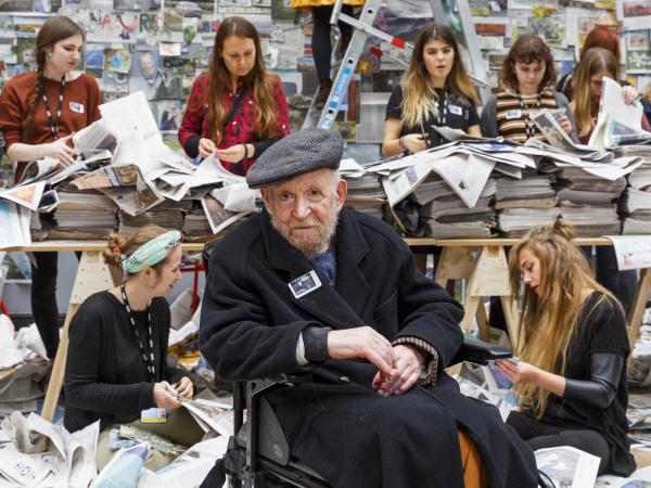 Students from Central Saint Martins art school in London work behind Gustav Metzger, after his worldwide call for a Day of Action to Remember Nature in 2015.