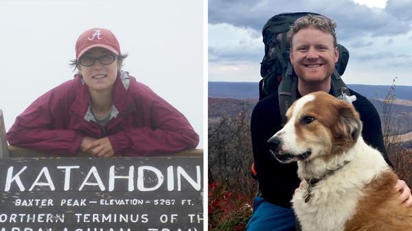 Sara Leibold (left) at the northern terminus of the Appalachian Trail in 2011. Rhys Hora is thru-hiking the trail this year.