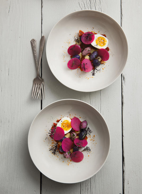 Potatoes, ramp kimchi, radish and soft-boiled egg. The recipe can be found in Jeremy Fox's new cookbook "On Vegetables."