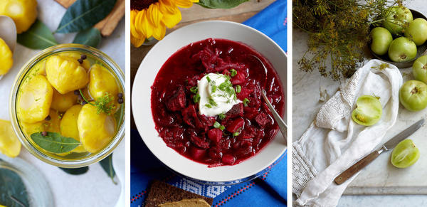 From left: pickled pattypan squash, short-rib borscht and pickled green tomatoes are among the recipes featured in <em>Kachka: A Return To Russian Cooking.</em>
