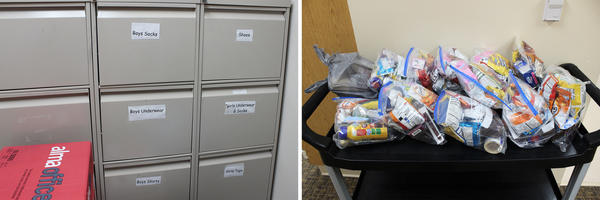 <strong>Left:</strong> West Elementary School faculty keeps cabinets full of clothing, book bags and supplies for students. <strong>Right:</strong> The majority of students at West Elementary School receive free or reduced-priced lunches. A local church donates snack bags, passed out to students on Fridays.