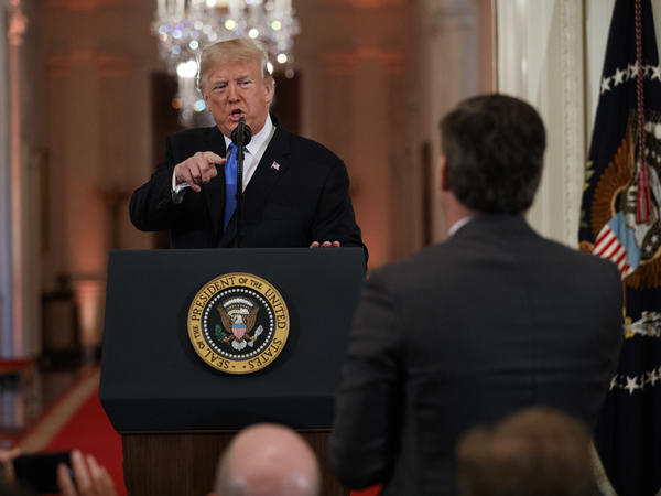 President Trump speaks to CNN journalist Jim Acosta during a news conference at the White House earlier this month.