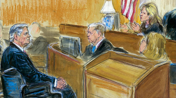 This courtroom sketch shows Paul Manafort listening to Judge Amy Berman Jackson in the U.S. District Courtroom during his sentencing hearing in Washington on Wednesday.