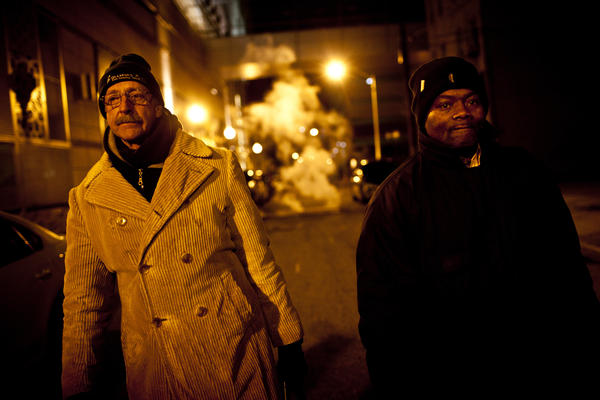 Paul Behler, 59, and Tony Simmons, 51, leave a shelter where residents have to be out at 5 a.m. HCH also cultivates potential advocates still struggling to get back on their feet, like Behler and Simmons.