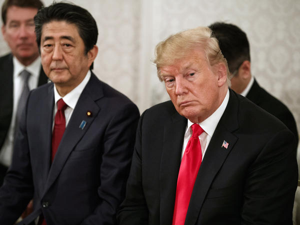 President Trump and Japanese Prime Minister Shinzo Abe at Akasaka Palace in Tokyo on Monday.