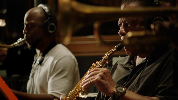 Marcus Strickland, left, and Wayne Shorter, as seen in the documentary <em>Blue Note Records: Beyond the Notes</em>.