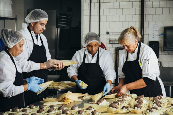 From left: Gloria Amaya, José Amaya, Silvia Gómez, and Alicia Villanueva, the founder of Tamales Los Mayas. A graduate of La Cocina's program for food entrepreneurs, Villanueva now provides catering to scores of Bay Area companies each month, and her tamales are sold in Northern California Whole Foods stores.