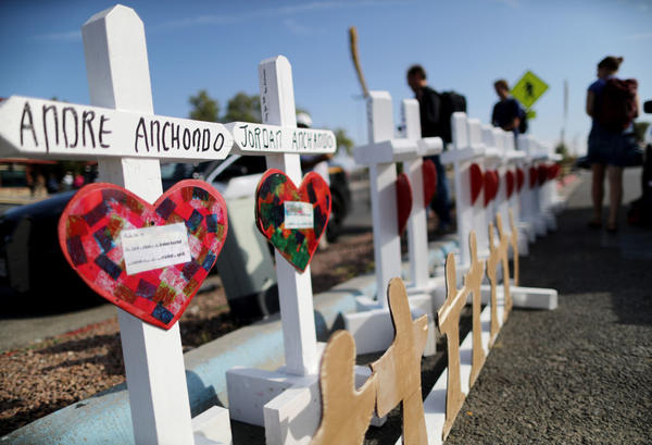 Crosses memorialize the victims of a mass shooting, which left at least 22 people dead, in El Paso, Texas. It was one of cluster of shootings that took place in roughly a week.
