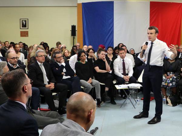 French president Emmanuel Macron takes part in a meeting in Évry-Courcouronnes on Feb. 4.